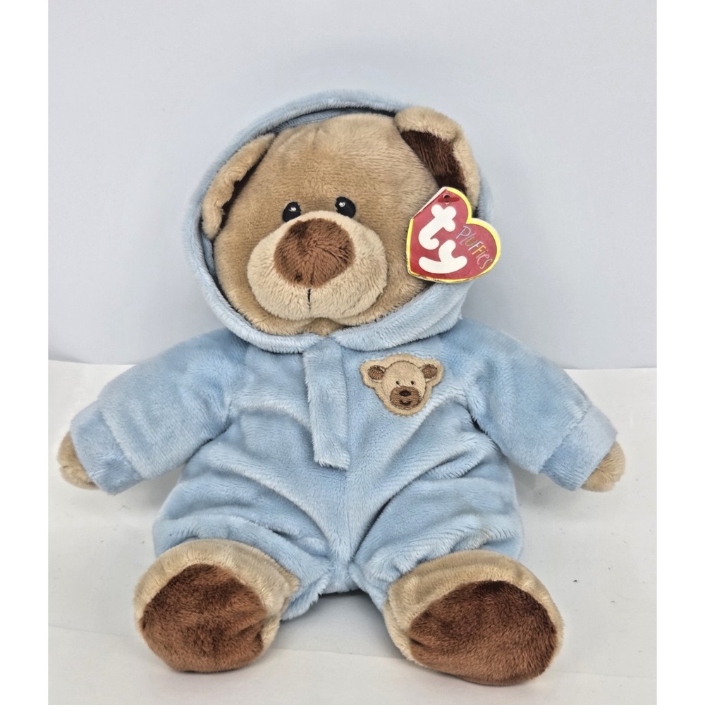 Ty Pluffies PJ‎ Baby Bear Blue Plush Teddy Hoodie 10 Inch 2010 Lovey Toy Stuffie